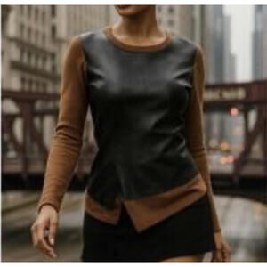 LAFAYETTE 148 brown black leather alpaca sweater sz L